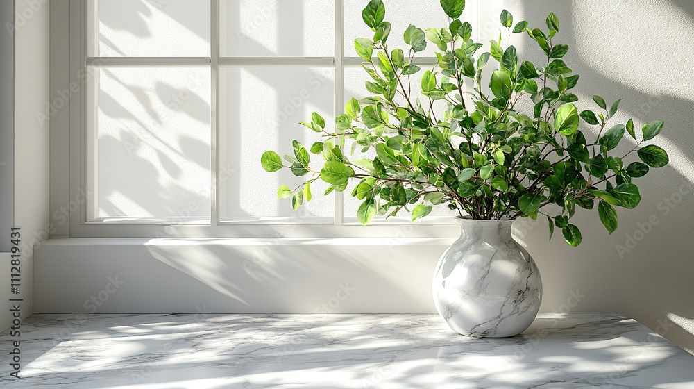 Aufkleber mockup product display a marble table with a window shadow drop on a white wall backgroun