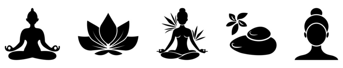 Set of black icons for spa and yoga. Can use for cosmetics, beauty, tattoo, Spa, feminine, jewelry store