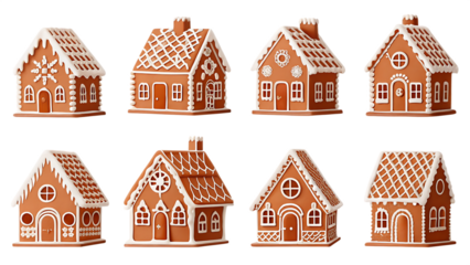 Set of  of beautiful decorated gingerbread house objects isolated on white background.AI GENERATED