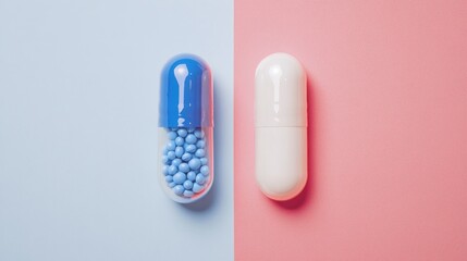 Obraz premium Two capsules, one filled with blue beads, one empty.