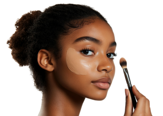 Young woman applying foundation with a brush, isolated on transparent cutout background
