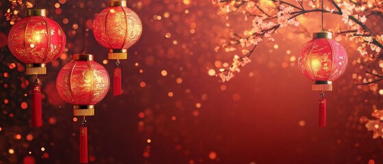 Chinese New Year A red background with four red lanterns hanging from a tree