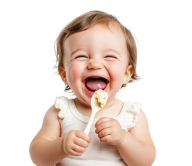Happy baby eating food with a spoon, isolated on transparent cutout background 