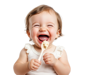 Happy baby eating food with a spoon, isolated on transparent cutout background
