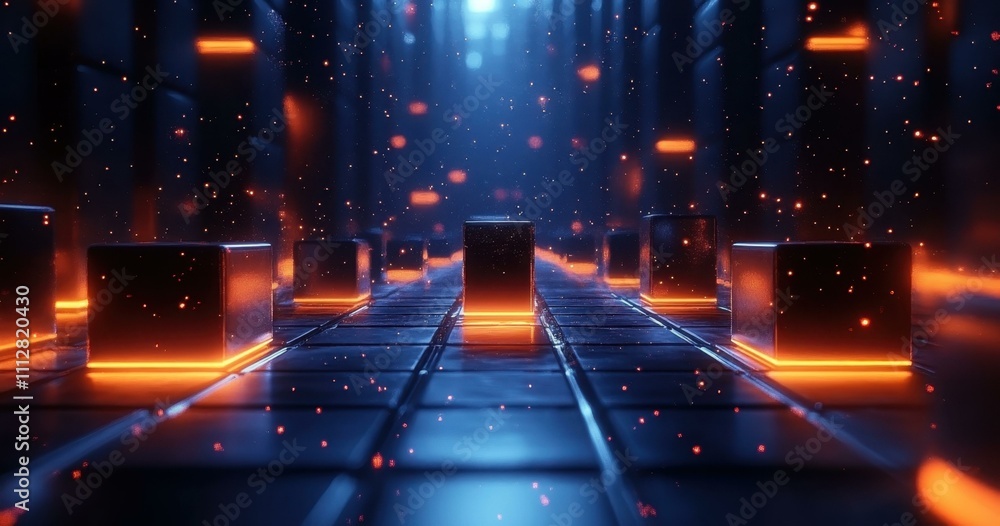 Poster neon cyber interface. futuristic glowing cubes on digital grid with neon lights and particle effects