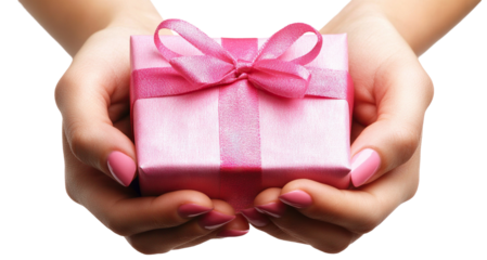 Pink gift gently held in hands, isolated on transparent cutout background
