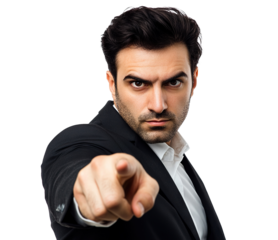 Serious businessman pointing forward with determination, isolated on transparent cutout background
