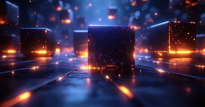 Neon Tech Innovations. Futuristic glowing cubes abstract digital technology background with vibrant neon lights and reflective surface for technology presentations, sci-fi themes, innovation, and cyb