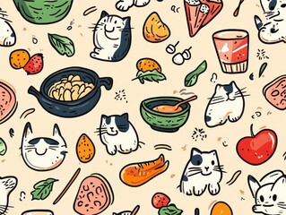 Delightful Cats and Cozy Kitchen Food Seamless Pattern Design