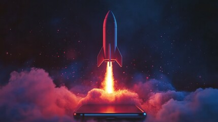Rocket launching from a smartphone, symbolizing innovation.