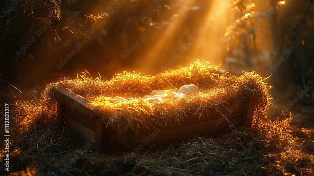 Poster nativity empty wooden cradle with light rays coming through the window