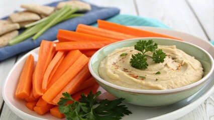 Creamy hummus served with fresh carrot sticks and pita bread on a rustic platter