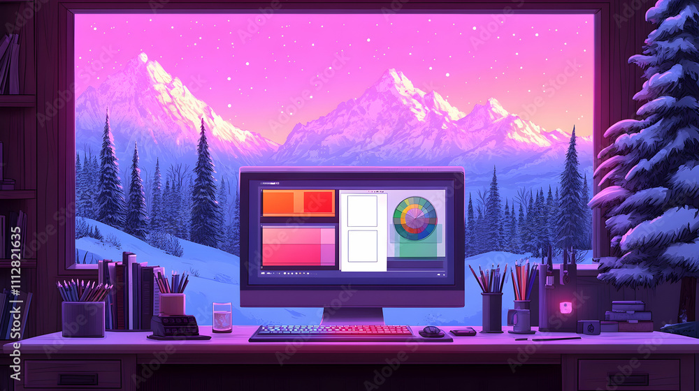 Poster cozy workspace with mountain view on computer screen.