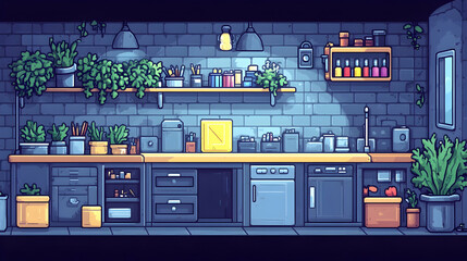 Cozy, plant-filled kitchen interior at night, pixel art style.