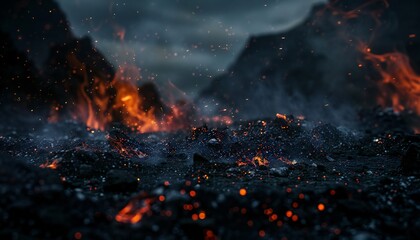 Fototapeta premium A charred landscape at twilight, remnants of a recent fire