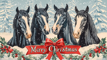 Illustration of four black horses. Christmas wallpaper for laptop and desktop computers. 16:9 ratio.