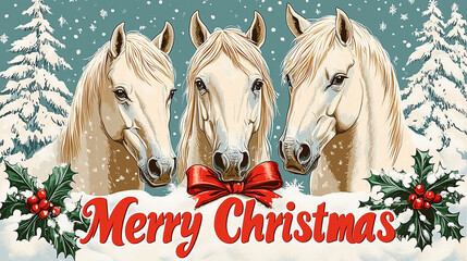 Illustration of three white horses. Christmas wallpaper for laptop and desktop computers. 16:9 ratio.
