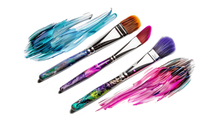 Set of three paintbrushes with colorful paint streaks on their bristles, isolated on white, cut out