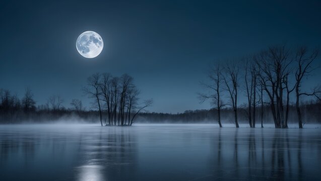 Full Moon Over a Frozen Lake with Bare Trees.