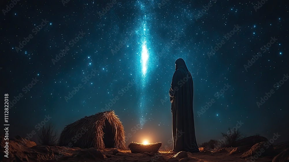 Poster nativity silhouette of a stable in the desert with starry sky and bright comet