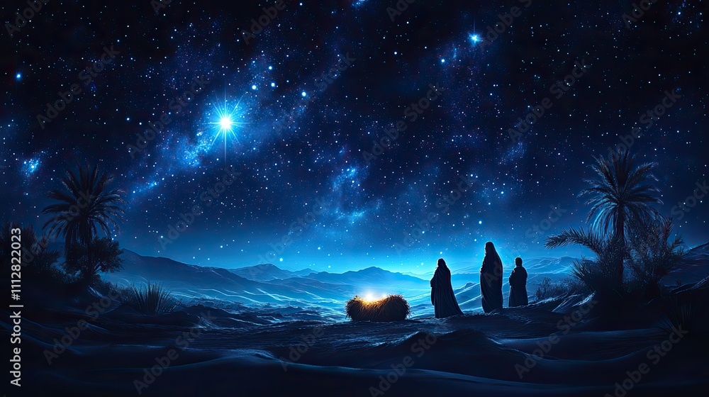 Canvas Prints nativity silhouette of a stable in the desert with starry sky and bright comet