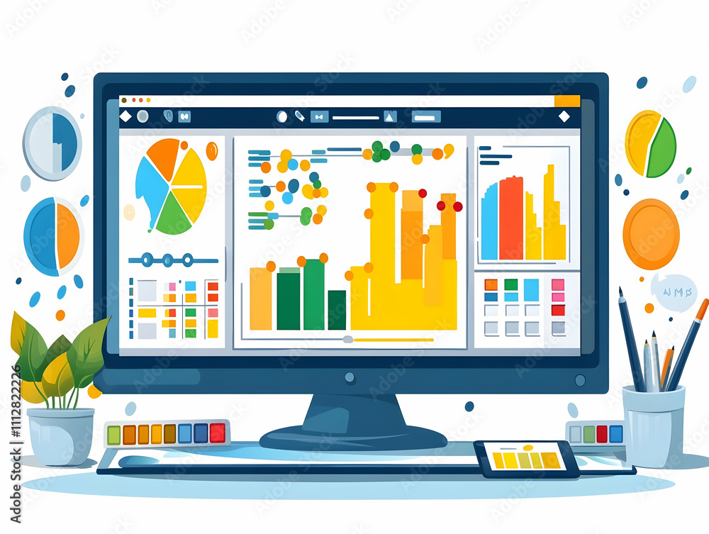 Poster data analytics dashboard on desktop screen with charts and graphs.