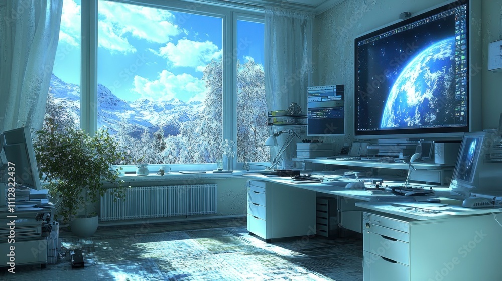 Poster creative tech workspace. modern office workspace with multiple computer monitors showing space visua