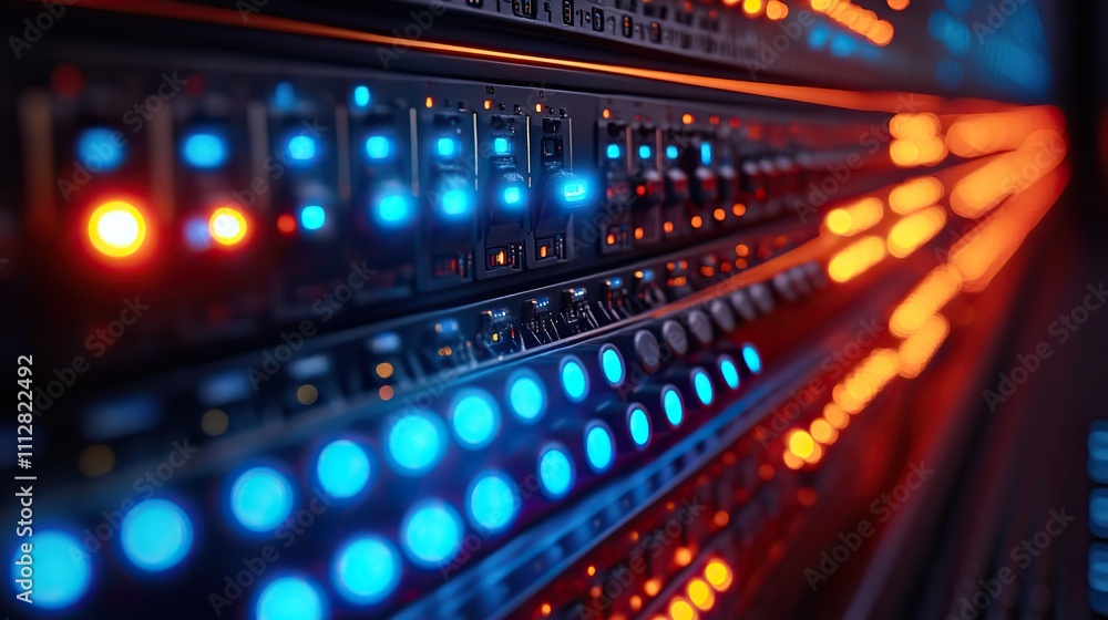 Poster network server panel switch and patch cord cable in data center glowing in the dark blue le