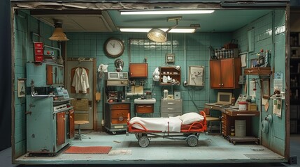 Detailed miniature diorama of a vintage hospital room, showcasing medical equipment, a bed, and a teal tiled interior.