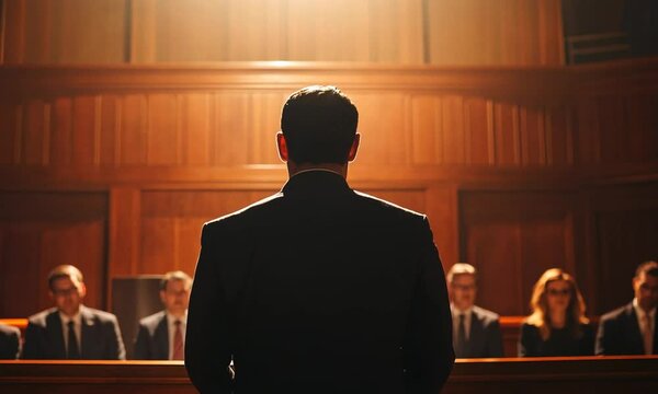 A lone figure stands before a panel, delivering a presentation or testimony in a formal setting.