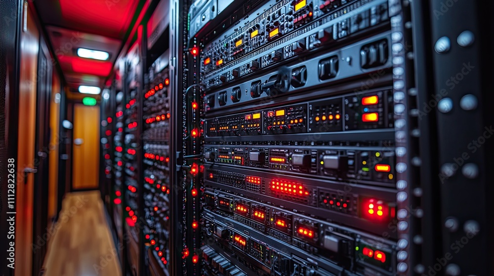 Poster network server room with computers for digital tv ip communications and interne