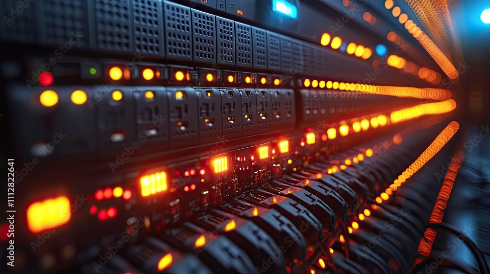Poster network server panel switch and patch cord cable in data center glowing in the dark blue le