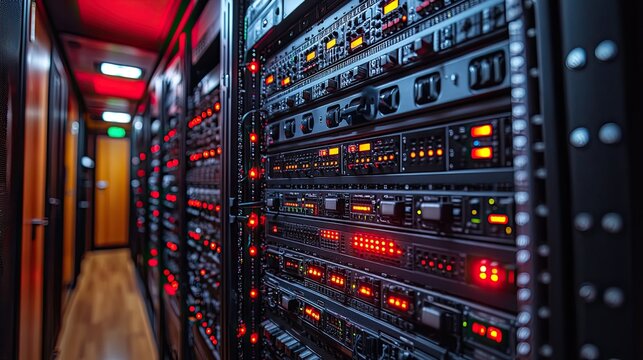 network server room with computers for digital tv ip communications and interne