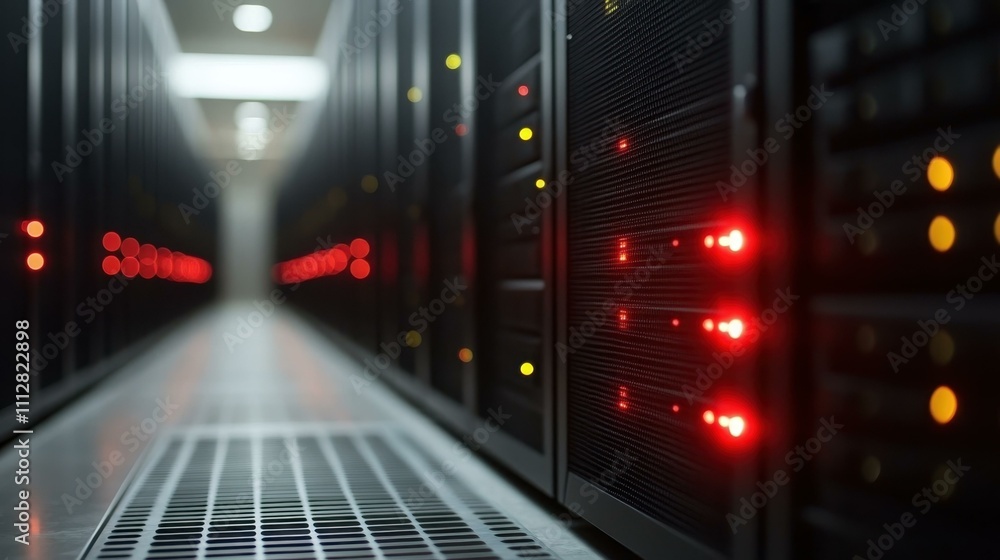 Poster network security monitoring. server racks with glowing red lights in data center aisle for technolog