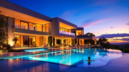 Luxurious modern villa with pool glowing at sunset, featuring sleek architecture and serene ambiance, inviting relaxation and leisure.