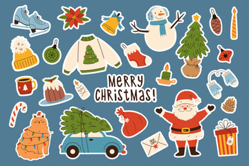 Merry Christmas vector sticker set. Elements for Christmas card designs, posters and banners. Winter and christmas illustration.