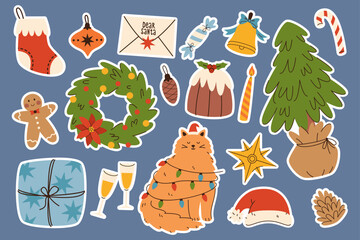 Colorful Christmas sticker pack. Hand drawn illustrations with Christmas decorations including a Christmas tree and wreath, gingerbread man, gift and more. Festive stickers for your diary.
