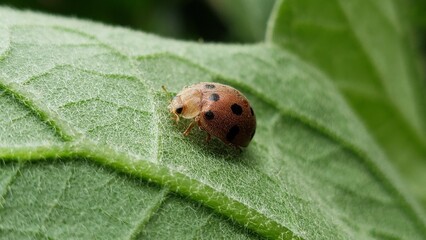 Fototapeta premium A ladybug with black spots crawling on a green leaf