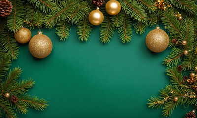 Christmas tree branches, cones and gold christmas decorations on a flat green background. Merry Christmas, New Year or winter flatlay background for banner or postcard with copy space. Top view.