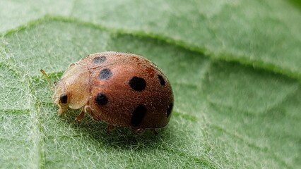 A Brown Ladybug with Black Spots on a Green Leaf