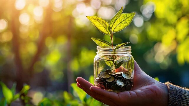 Coins in a glass jar with a tree growing from it. Financial growth and environmental conservation concept, symbolizing investment strategy for sustainable development and saving for retirement.