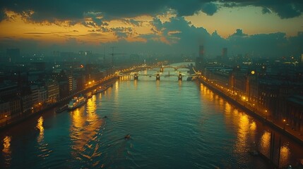 Obraz premium Dramatic twilight cityscape with river, bridges, and boats.