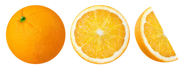 Collection of oranges on isolated white background - whole, half and slice.