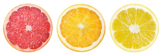Collection of citrus slices or halves - grapefruit, orange and lemon on isolated white background.