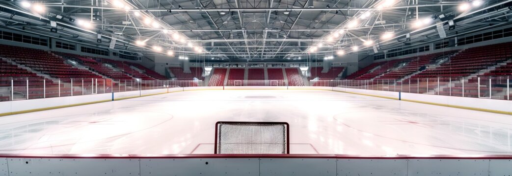 Empty Ice Hockey Arena with Bright Overhead Lights and Red Seats Concept of Professional Sports, Stadium Architecture, Winter Games Venue, and Athletic Performance Preparation. Banner