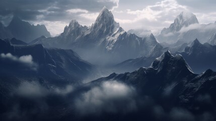 Enigmatic Peaks Piercing the Misty Cloudscape of a Remote Mountain Ran