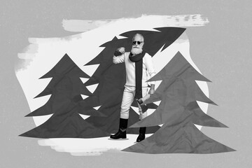 Creative photo collage illustration of positive good mood old stylish lumberjack holding axe fir...