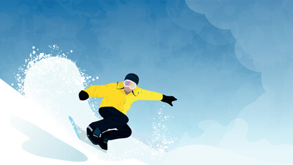 Snowboarder in yellow snowsuit skiing on mountain. Vector poster of Winter Sport. Man playing snowboarding, skiing or skating. Winter landscape with snow. Horizontal banner template. 