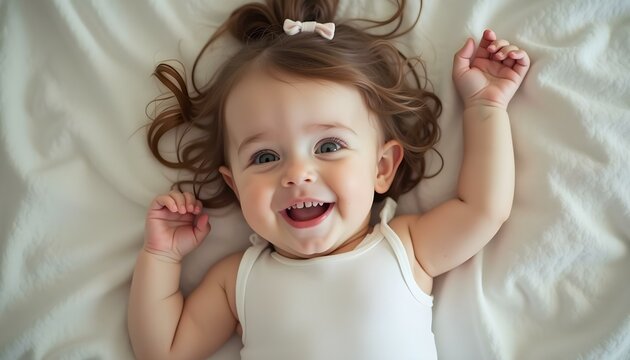 Beb&eacute; linda y tierna jugando y sonriendo acostada en la cama
