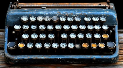 Creative Writing Desk. Vintage typewriter close-up with old keys and rustic metal frame, perfect for retro design projects, nostalgic themes, writer's workspace, antique collections, dark moody backg